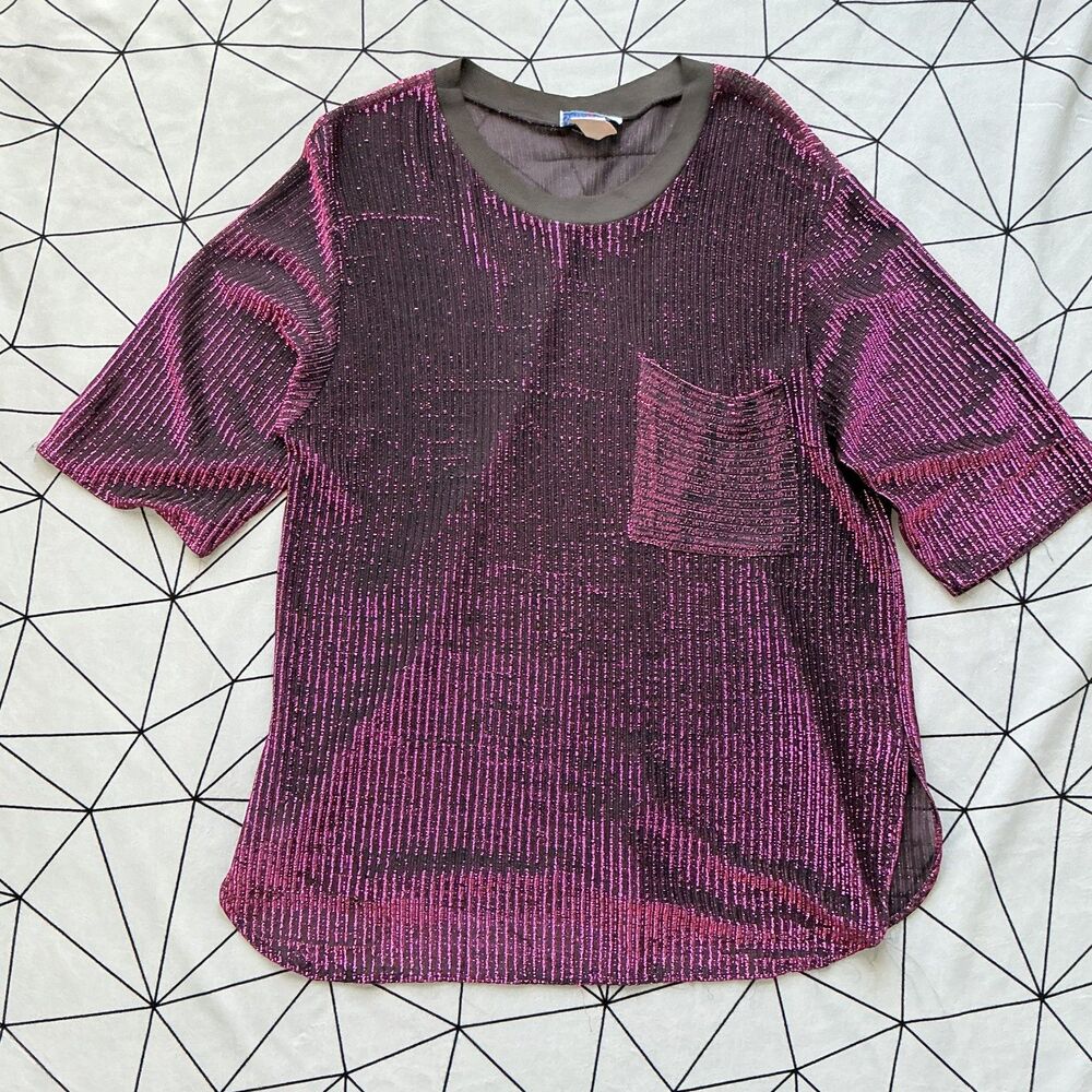 70s 80s Metallic Lurex Knit Top Magenta Black Glitter Disco Made USA
